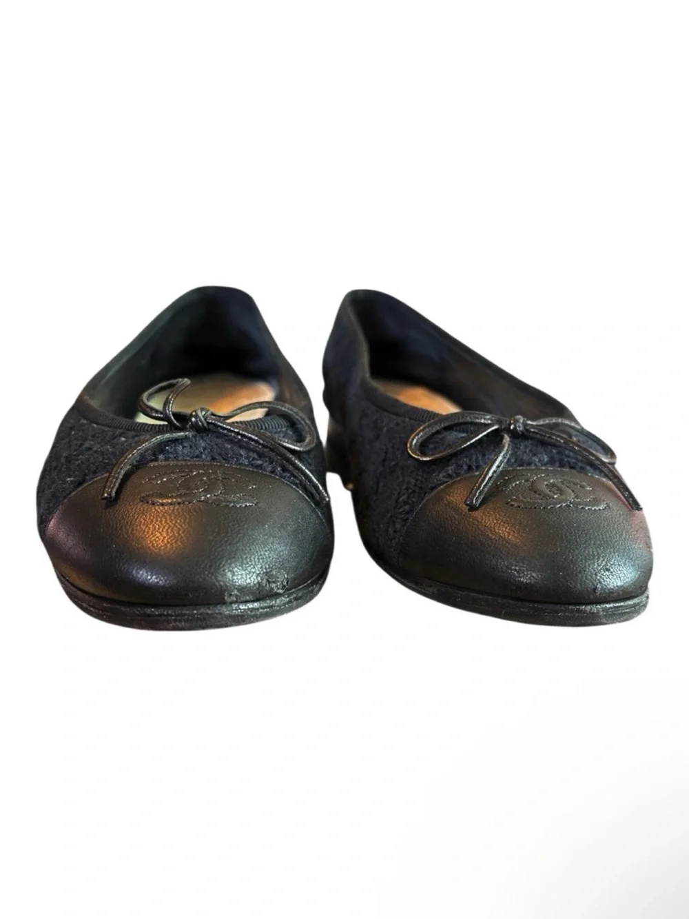 CHANEL CC Cap Toe Ballet Flats EU 39.5 US 9.5 Black Tweed Crochet Lambskin Shoe